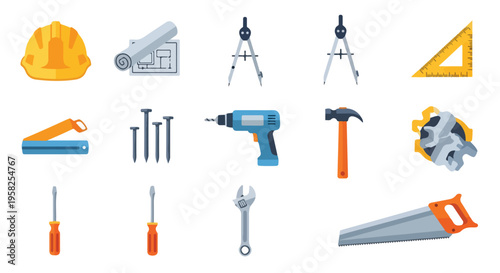 Flat lay of various construction tools and equipment on a clean white background, including a drill, hammer, and safety gear.