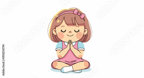 A cartoon illustration of a young girl sitting cross-legged with her hands clasped together in prayer, wearing a pink dress and headband on a white background.