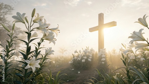 Easter cross with white lilies at sunrise