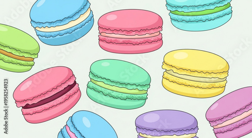 Colorful macarons floating on white background sweet treats and desserts in various pastel colors
