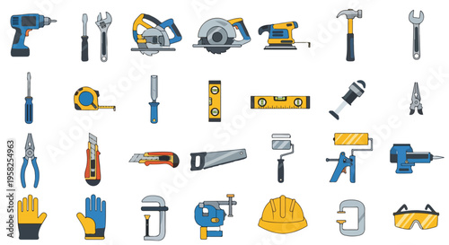 Flat lay of various construction and hand tools icons on a clean white background with a focus on industry and technology.