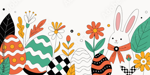 White Easter bunny with a red bow stands looking forward beside large patterned eggs and colorful modern folk art flowers on white.
