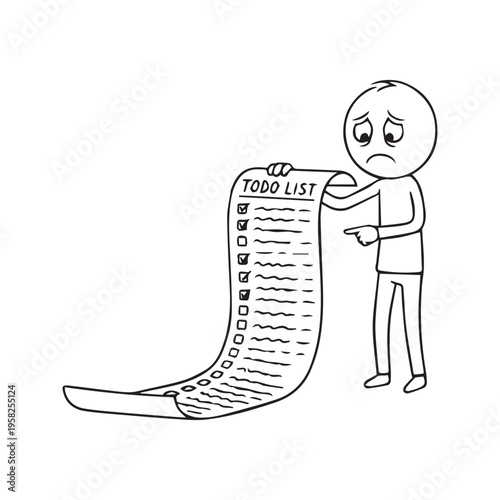 Vector cartoon illustration of overwhelmed stressed stick figure man holding and looking at long to-do list

