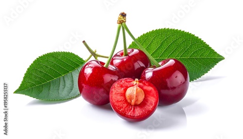 Fresh Ripe Cherries with Green Leaves on White Background.