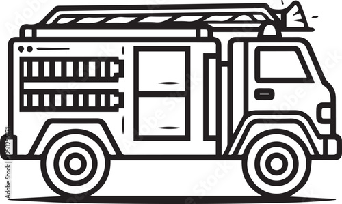 black and white fire truck line art icon isolated on white background