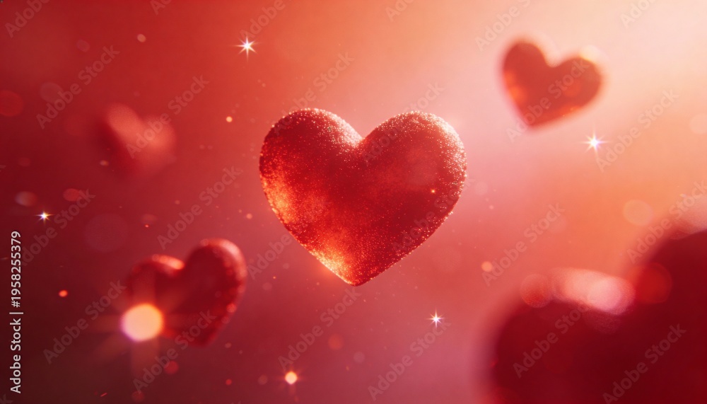 Obraz premium Floating glittery red heart shimmering in warm pink-to-rose gradient, with bokeh and sparkles