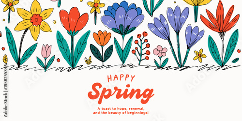 Drawn border of various colorful spring flowers sits above large white space containing cheerful text celebrating the arrival of springtime renewal.
