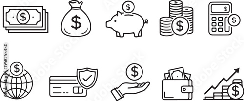 Financial icons depicting money savings security and global economics in line art