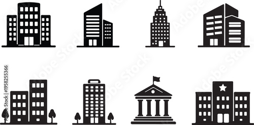 Collection of black silhouette icons depicting various building types and cityscapes
