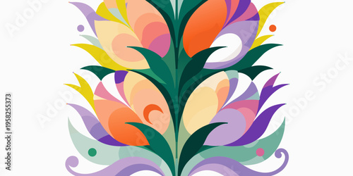 Symmetrical decorative floral motif showcases upward curving stems and layered petals in rich shades of purple, orange, and green.