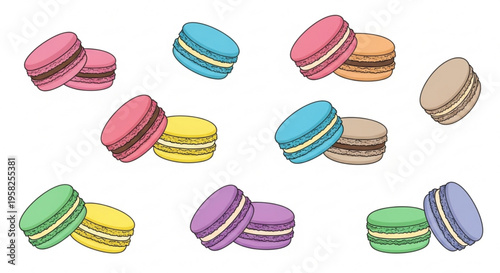 Colorful macarons scattered on a white background various flavors and pastel colors sweet treats and desserts