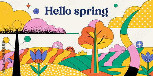 Vibrant abstract landscape illustration declares a cheerful greeting with the text message saying hello spring amid stylized flora and rolling terrain.