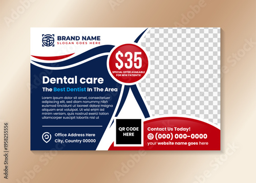 Horizontal flyer design template for professional dental care, the best dentist in the area. tooth shape for text. combination blue and red element isolated on white background. abstract modern design