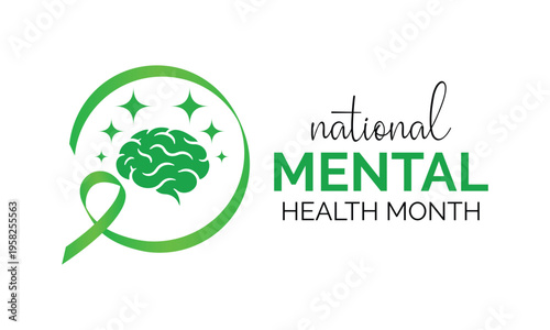 Mental health month illustrations with hands, mind, and support concepts in modern green design.