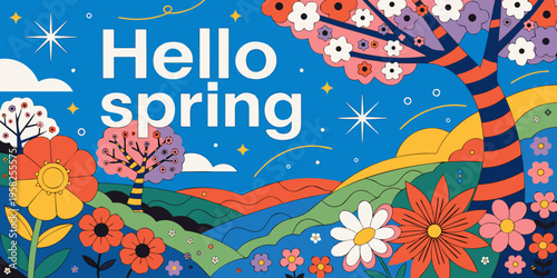 Vibrant abstract illustration proclaims 'Hello spring' across a stylized landscape featuring colorful flowers and a dramatically striped tree under a bright blue sky.