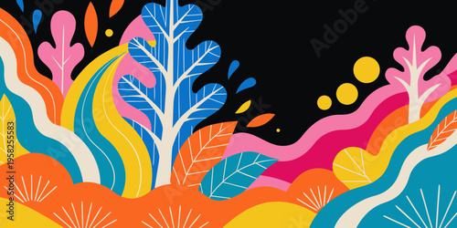 Vibrant abstract foliage illustration features stylized, richly colored botanical shapes against a deep black background suggesting a bold natural theme.