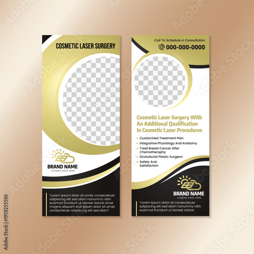 Professional laser clinic poster template. cosmetic laser surgery banner design on vertical layout. abstract luxury template using combination black and gold gradient on element isolated on white