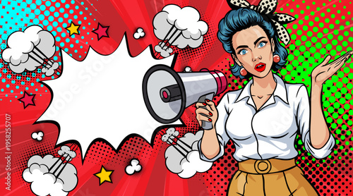 Pop Art Woman with Megaphone and Polka Dot Headband - Retro Comic Book Style Illustration with Red Speech Bubble and Comic Elements