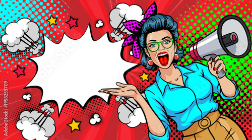 Pop Art Woman with Megaphone Shouting - Retro Comic Book Style Illustration with Dark Hair Girl in Blue Shirt and Red Speech Bubble