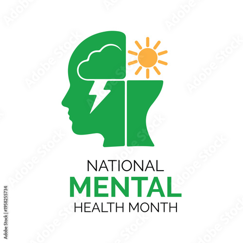 Mental health month illustrations with hands, mind, and support concepts in modern green design.