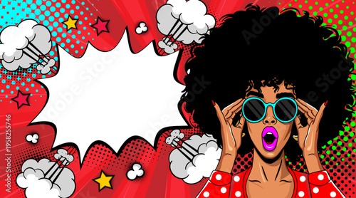 Pop Art Surprised African American Woman with Afro Hair and Sunglasses Hands on Face - Retro Comic Book Style Illustration with Red Speech Bubble