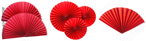 Photography Vibrant red paper folding fans and decorative medallions, arranged in various formations