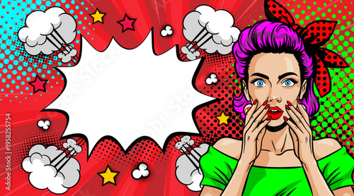 Pop Art Surprised Woman with Purple Hair and Red Headband Hands on Face - Retro Comic Book Style Illustration with Red Speech Bubble