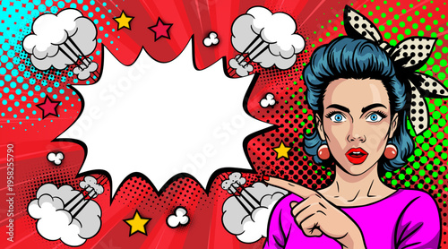 Pop Art Woman Pointing Finger - Retro Comic Book Style Illustration with Dark Hair Girl in Purple Shirt and Red Speech Bubble with Steam Clouds