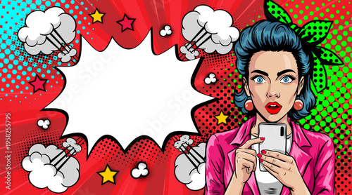 Pop Art Woman with Smartphone and Green Polka Dot Headband - Retro Comic Book Style Illustration with Red Speech Bubble and Comic Elements