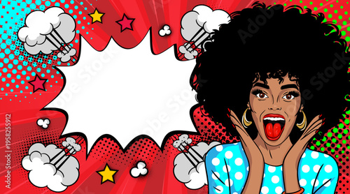 Pop Art Surprised African American Woman with Afro Hair - Retro Comic Book Style Illustration with Blue Polka Dot Top and Red Speech Bubble