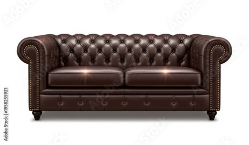 Classic Dark Brown Leather Sofa with Tufted Back Vector Illustration