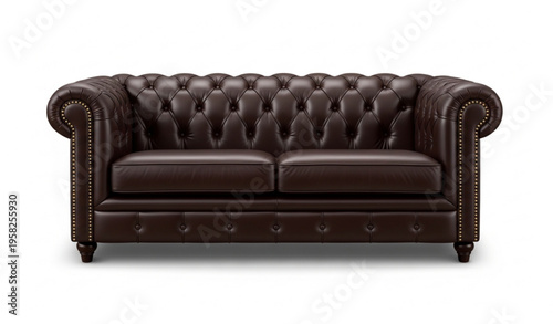 Classic Dark Brown Leather Sofa with Tufted Back Vector Illustration