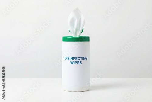 White cylindrical container of disinfecting wipes with a vibrant green lid, featuring a single wipe pulled out on a clean white background.