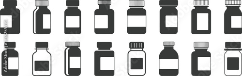 Pill bottle silhouette icon set, medicine container symbol