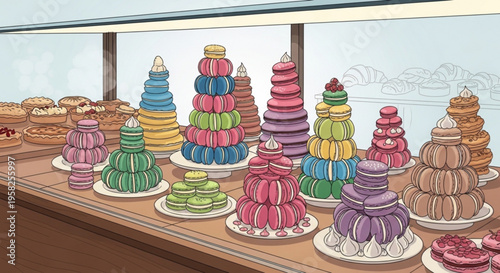 Colorful macarons stacked on plates in a bakery display case with assorted desserts and sweet treats