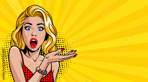 Pop Art Surprised Blonde Woman with Hands Out - Retro Comic Book Style Illustration on Yellow Sunburst Background