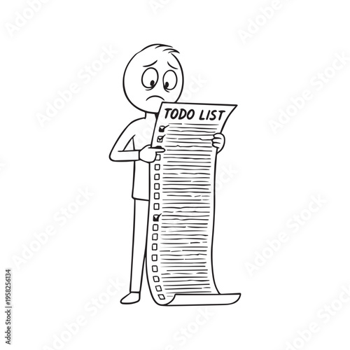 Vector cartoon illustration of overwhelmed stressed stick figure man holding and looking at long to-do list
