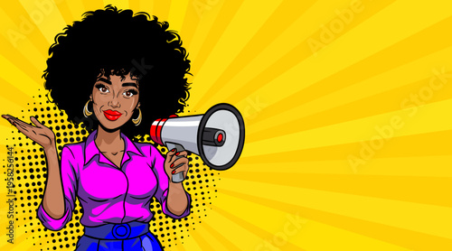 Pop Art African American Woman with Megaphone - Retro Comic Book Style Illustration with Afro Girl in Pink Shirt and Yellow Sunburst Background