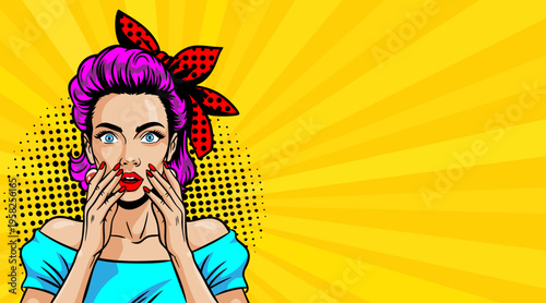 Pop Art Surprised Woman with Purple Hair and Red Headband - Retro Comic Book Style Illustration on Yellow Sunburst Background