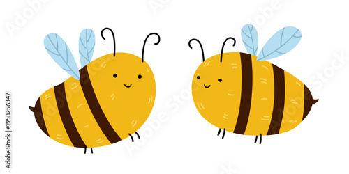 Bee vector cartoon characters for nursery decor and honey packaging. Childish minimalist bumblebee illustration on white background. Hand-drawn doodle style for stickers and stationery design.