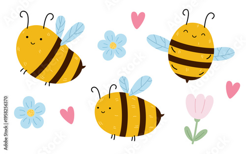 Bee vector set with bumblebee characters, flowers and hearts in hand-drawn doodle style. Minimalist kawaii honey insects for nursery decor, kids stationery and baby textile design isolated