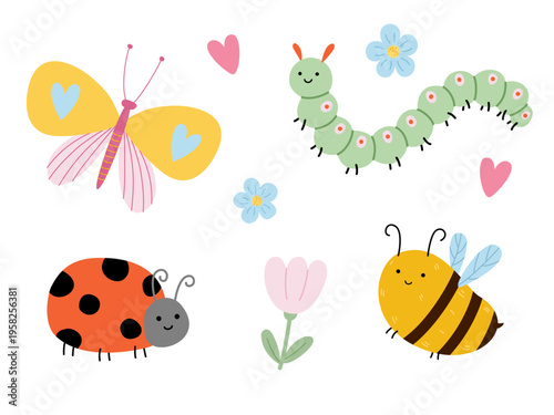 Insects vector set with butterfly caterpillar ladybug and bee for nursery decor. Childish minimalist doodle garden elements on white background. Modern stylish cartoon characters for baby textiles.