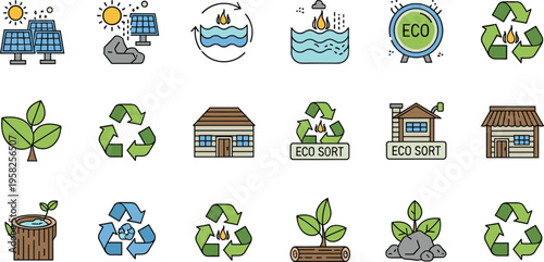 Eco sustainability and green energy icon set featuring recycling renewable resources solar power nature conservation and environment vector