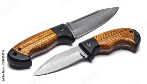 Two hunting knives with wooden handles on a white background.