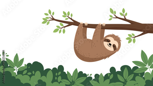 Adorable sloth hanging upside down from a tree branch in a tropical jungle environment with green leaves and a white background.
