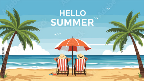 Relaxing beach scene with a couple sitting on chairs under a red and white umbrella with text saying Hello Summer in the sky.