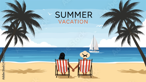 Couple relaxes in striped beach chairs on a sunny shore while holding hands and gazing out at the calm ocean with palm trees nearby.