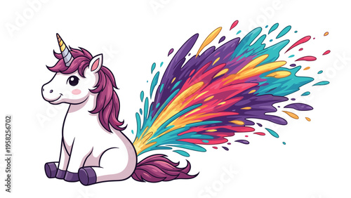 Whimsical white unicorn sits comfortably with its eyes closed while a vibrant rainbow colored tail splashes out in a fluid motion.