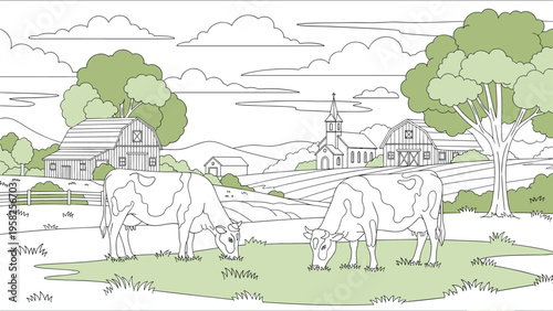 Scenic rural farm landscape depicts black and white cows grazing in a grassy field with a barn and a church under a cloudy sky.