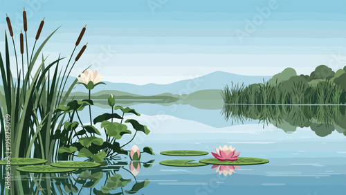 Peaceful lake scene captures delicate pink lotus flowers blooming among tall reeds and green leaves with distant mountains reflected.